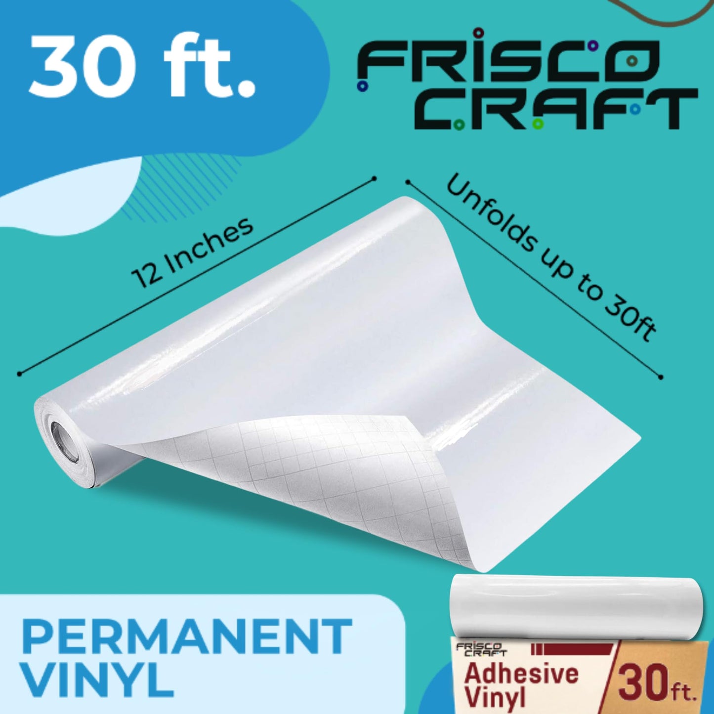 Frisco Craft Glossy White Permanent Vinyl - White Vinyl Roll - Permanent Outdoor, Water & Weather-Resistant with Siliconized Backing - Adhesive, Glossy (12" x 30ft)