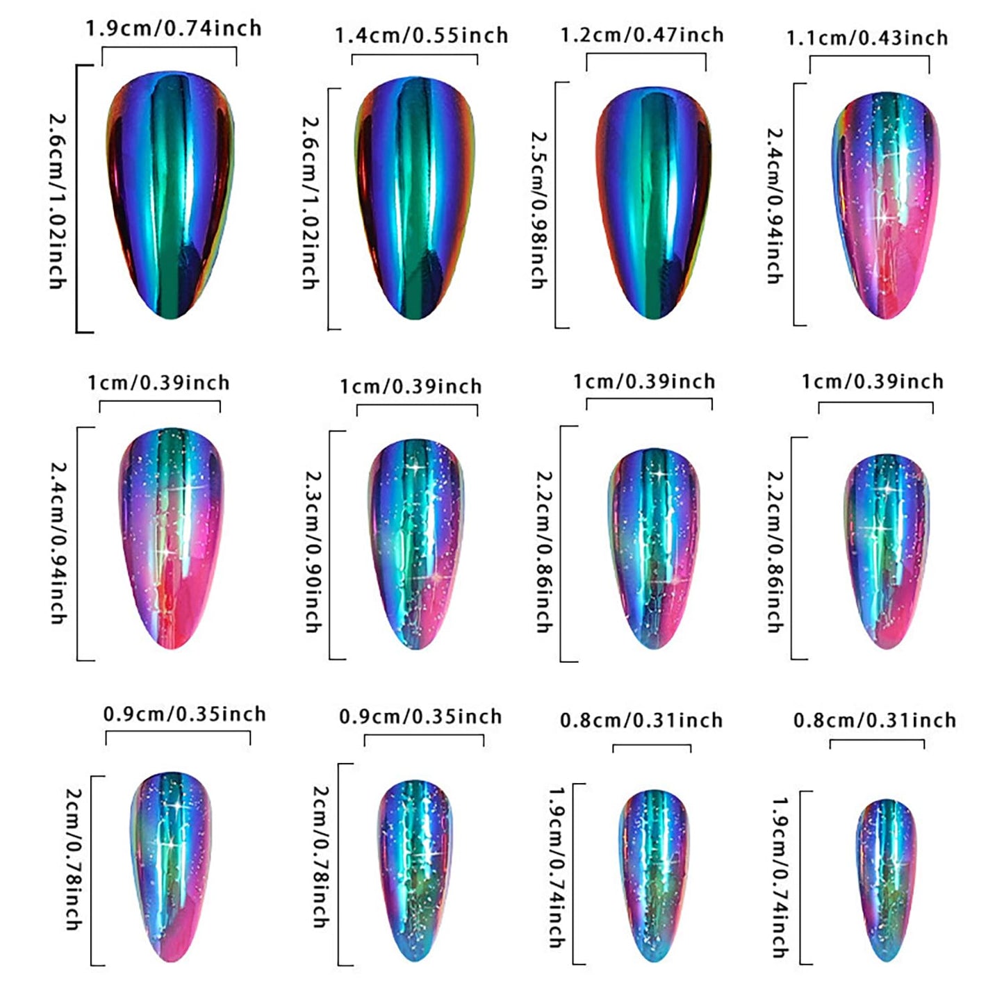 Aurora Plating Medium Colorful Smudge Free Coffin Acrylic Nails - Stars Sky Design, Full Cover Press On, Artificial, Glue On for Women