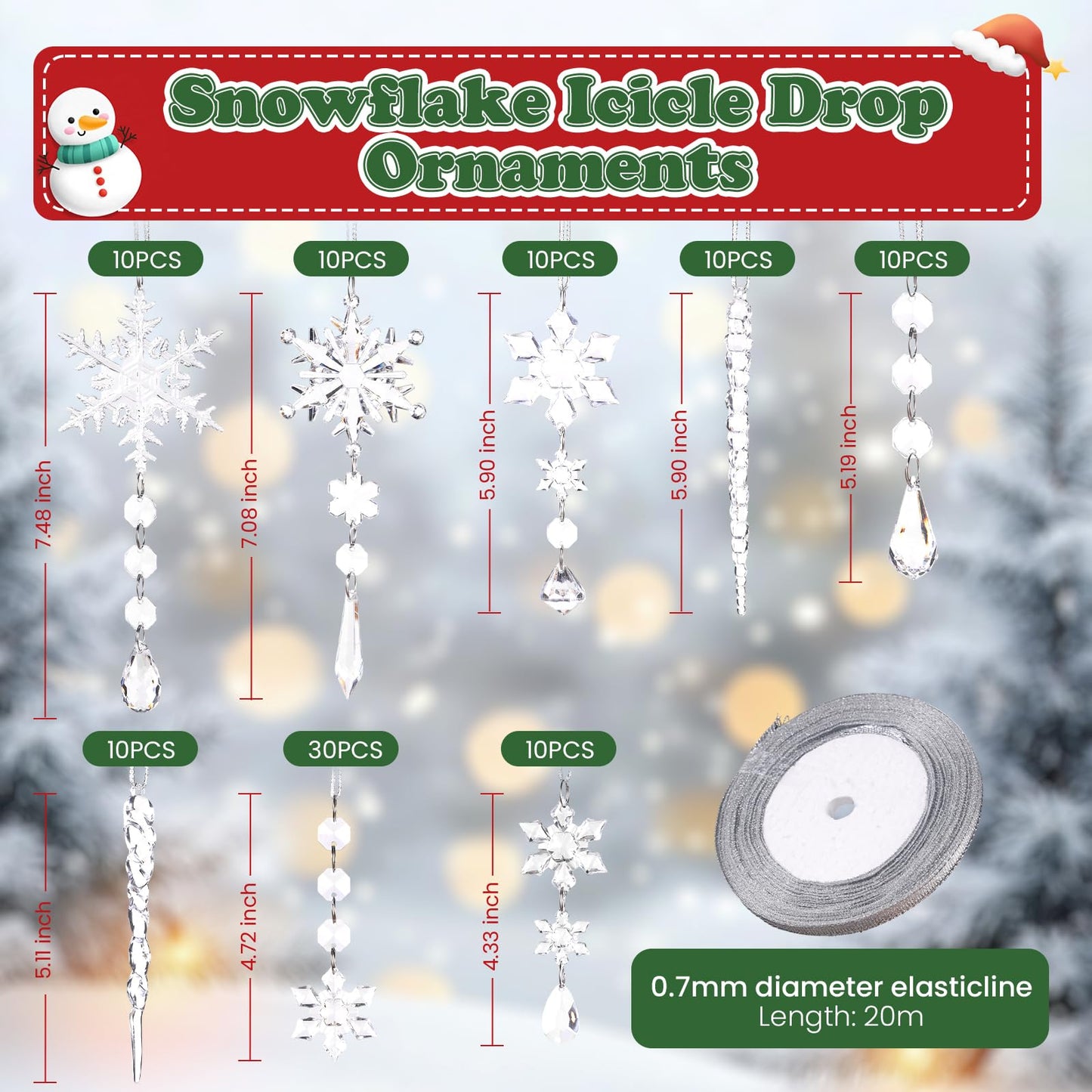 100 Pcs Christmas Tree Decoration Crystal Ornaments Hanging Snowflake Icicle Drop Crystal Christmas Ornaments for Tree Winter Wonderland Party Supplies