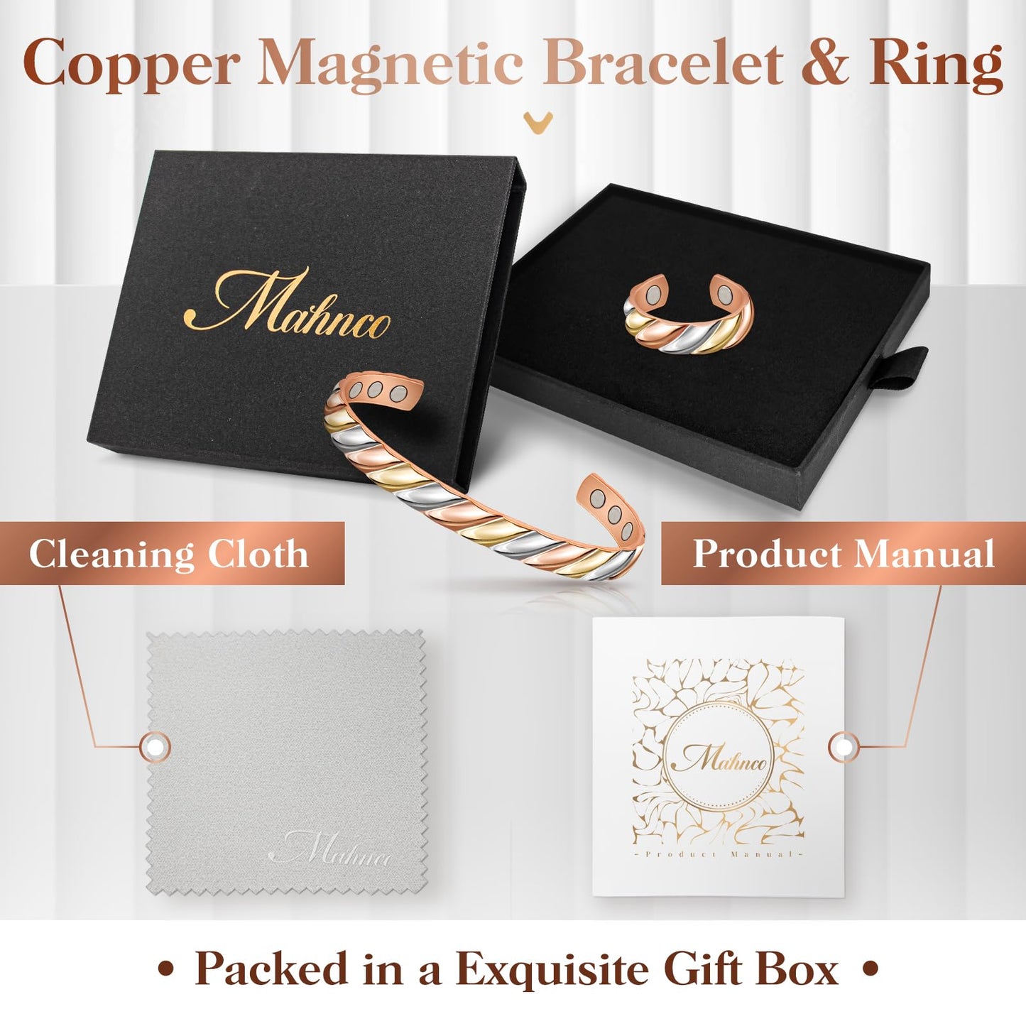 Mahnco Copper Bracelets for Women Men Lymph Detox Magnetic Bracelet & Ring Magnetic Copper Bracelet, Tri-color Bracelet Jewelry Gift for Christmas Valentine's Day Mother's Day