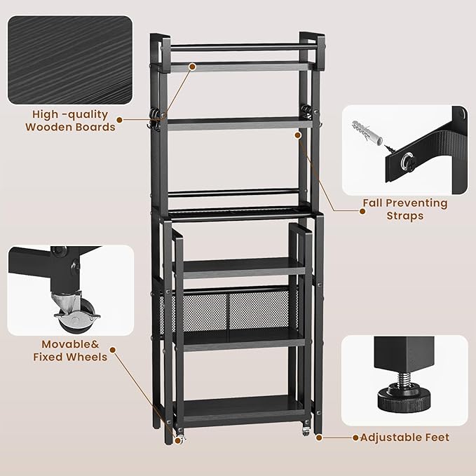 Recaceik 6-Tier Over The Toilet Storage Shelf with Cart, Freestanding Above Toilet Shelf Rack, Farmhouse Bathroom Organizer Shelves, Space Saver (Black)