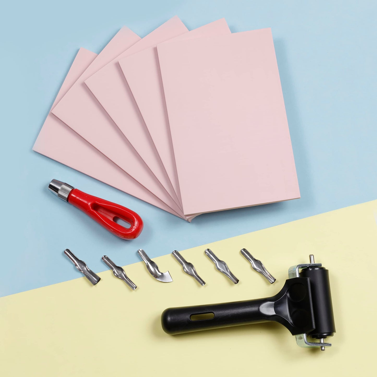 Incraftables Linocut Block Printing Kit for Stamp Making - 5 Soft 4"x6" Rubber Blocks, 6 Carving Blades, & Brayer Roller -Linoleum Block Printing Stamp Kit for Beginners, Adults Crafts