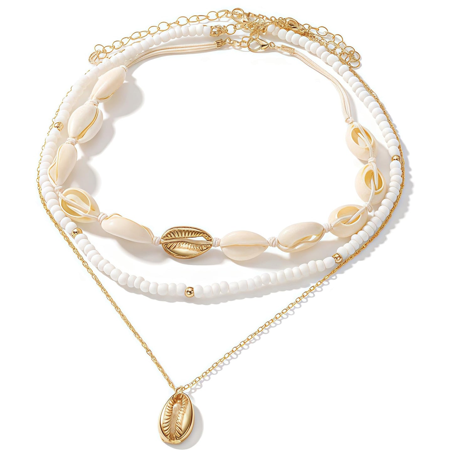 Nackiy Handmade Sea Shell Necklace Choker For Women Summer Adjustable Natural Shell Collar Necklace (Beige Braided Rope) (3 Layer)