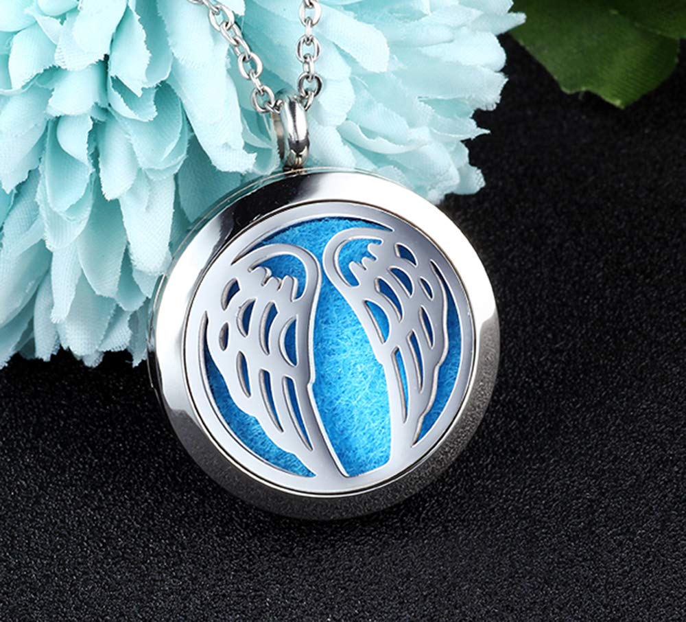 Aromatherapy Essential Oil Diffuser Necklace 316L Stainless Steel Locket Pendant with 24 Inch Chain (Angel Wings)