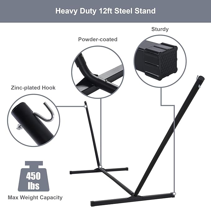 Large Hammock with 12FT Steel Stand, Freestanding Hammock with Curved Spreader Bar, Pillow and Portable Bag for Outside, Gray Ripples