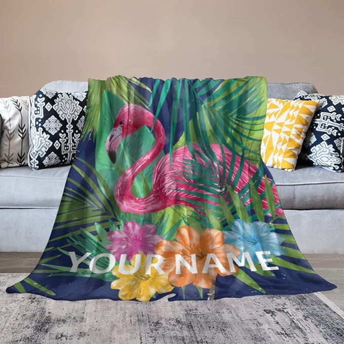 Custom Flamingo Blanket Gifts with Name - 60 x 80 Inches Funny Flamingo Throw for Adults - Green Fluffy Comfort Furry Blankets for Bed