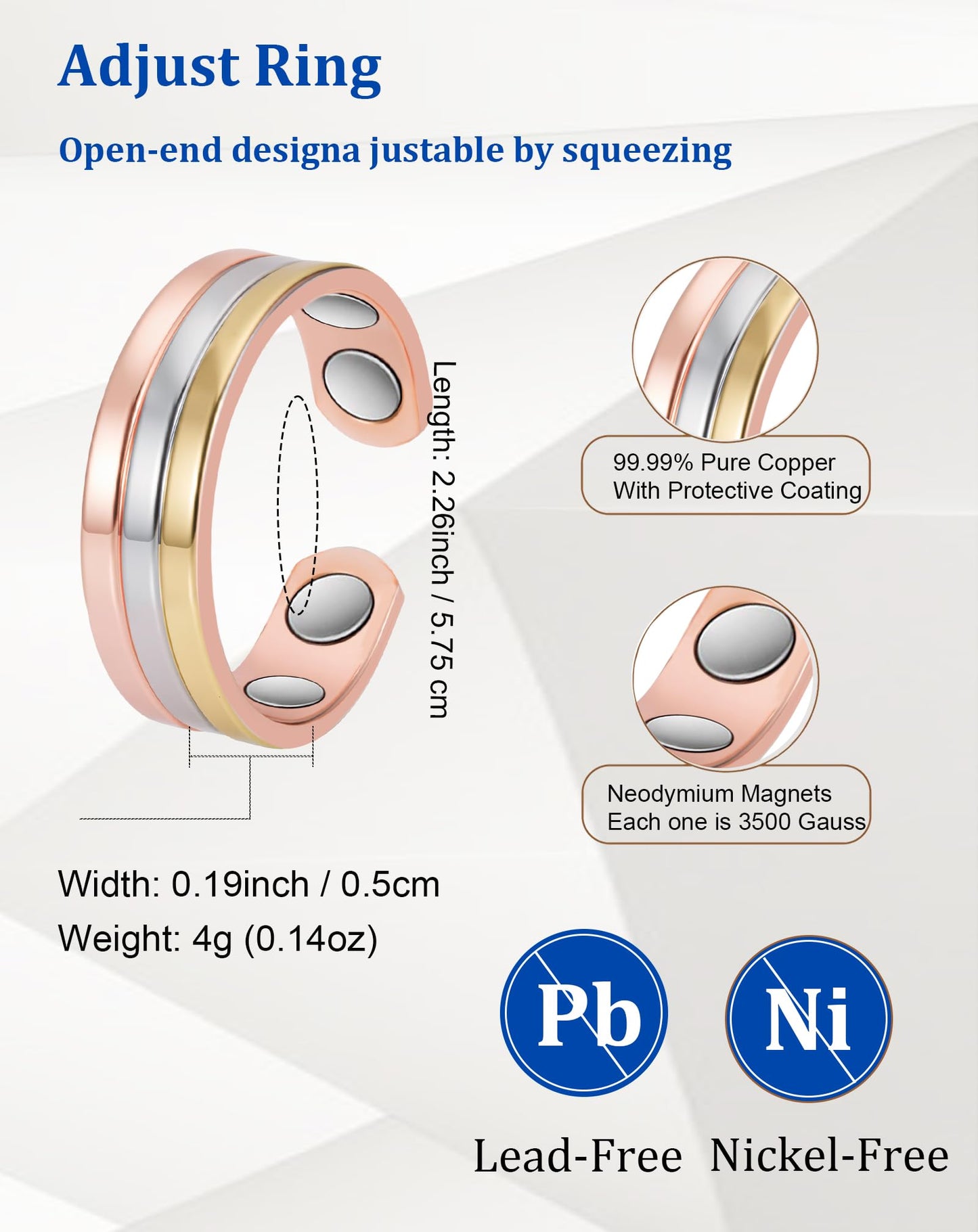 MagSølv Copper Rings for Women, Pure Copper Adjustable Magnetic Ring with 4 Magnets, Three Color Gold Jewelry
