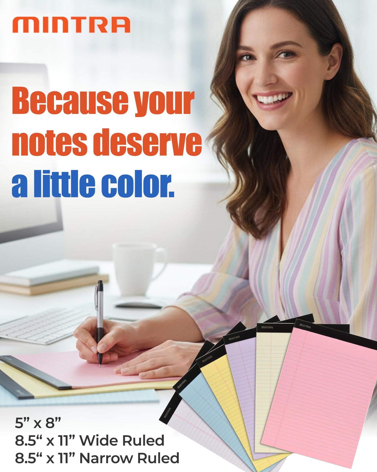 Mintra Office Colorful Legal Pads - Includes 2 Blue, 2 Pink, and, 2 Green Writing Pads, Micro Perforated Lined Sheets, Ideal for Professional & Personal Use, 5"x8" Narrow Ruled, 6 pack Pastel Set 2