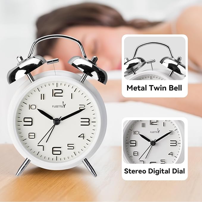 FLOITTUY (Loud Alarm for Deep Sleepers 4'' Twin Bell Alarm Clock, Stereo Digital Dial Alarm Clock with Backlight for Bedroom and Home Decoration(Aurora White)