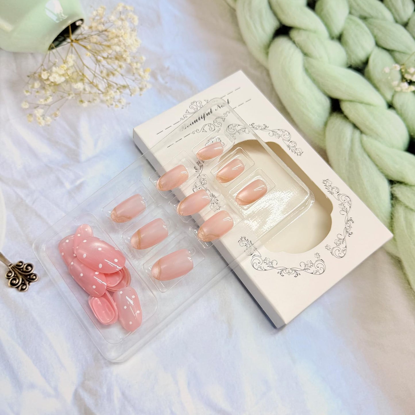 Polka Dot Press on Nails Medium Oval Fake Nails with Designs Gold Bow Stick on Nail Glitter Acrylic False Nail Cute Artificial Nail Press ons Glossy Full Cover Glue on Nails for Women