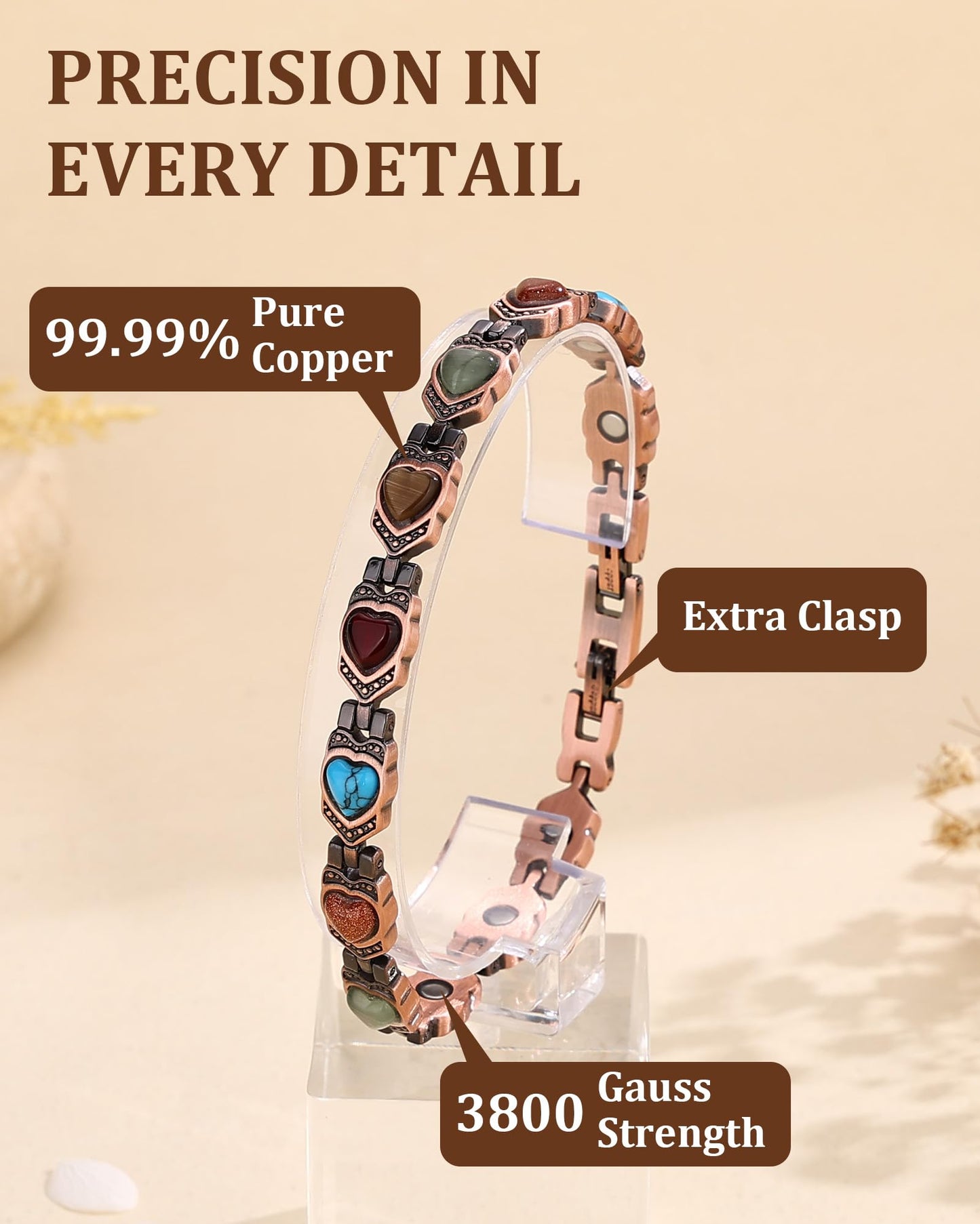 Fashtour 99.99% Pure Copper Bracelets for Women, Heart Wire Design Adjustable Jewelry with 3800 Gauss Ultra Magnets and Sizing Tool, Elegant Gift Box and Sizing Tool