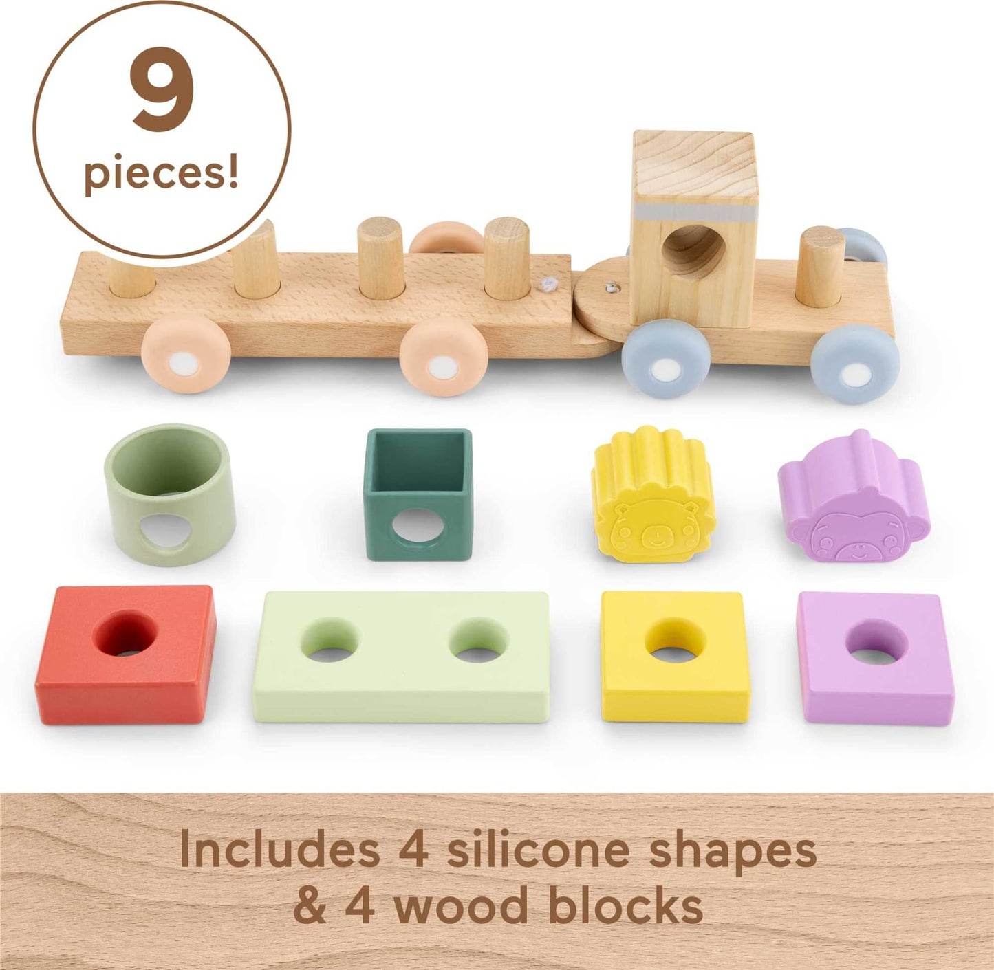 Fisher-Price Wood Baby Toy Stacking Train, 9-Piece Activity with Silicone & Wooden Blocks for Infants & Toddlers Ages 9+ Months