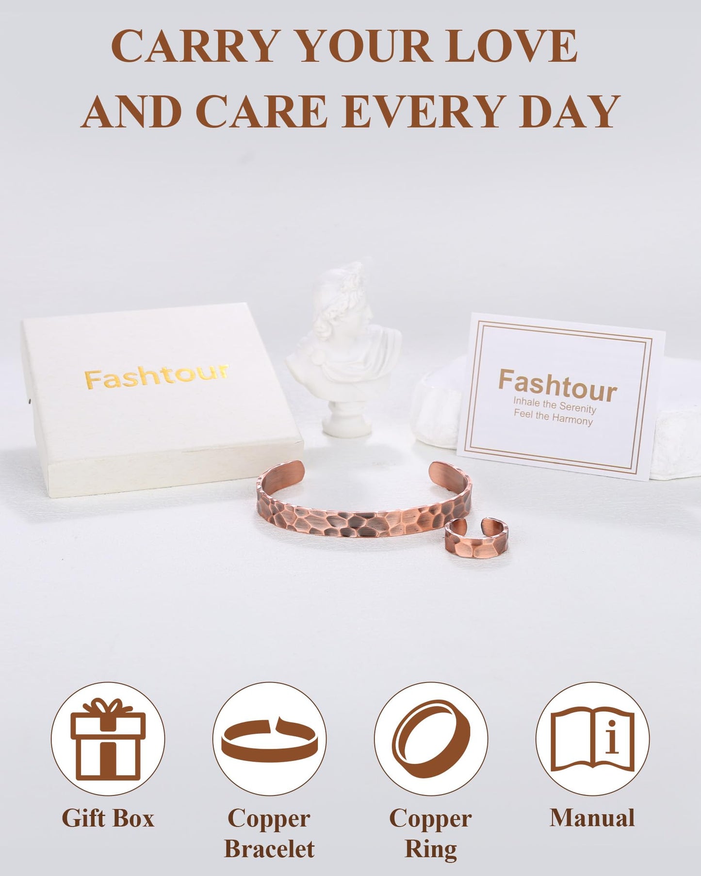 Fashtour Pure Copper Bracelet and Ring Set – Copper Bracelet for Men & Women – 100% Solid, Raw & Uncoated Handmade Hammered Tibetan Cuff Bangle (copper079)
