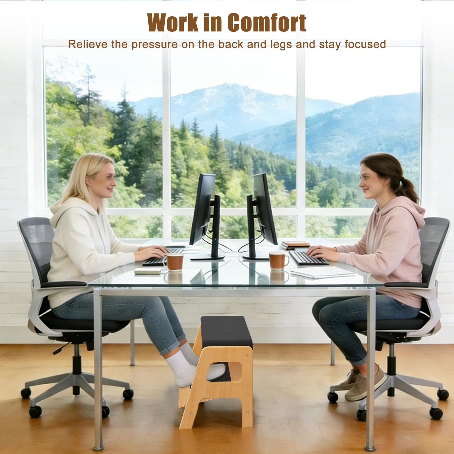 WWMFS Adjustable Wooden Foot Rest, Double Step Footstool with 3 Height Levels, Cushioned Top & Non-Slip Base, Ergonomic Under Desk Leg Rest for Office Home