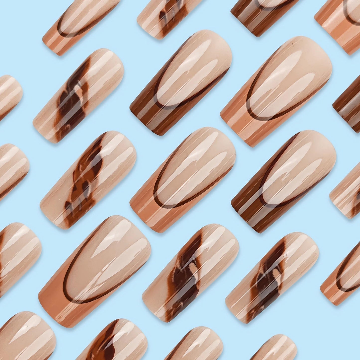 BABALAL Brown Press on Nails - Long Square Fake Nails, Ombre French Tip Fall Acrylic, 24Pcs Squoval Glossy Full Cover False Nails