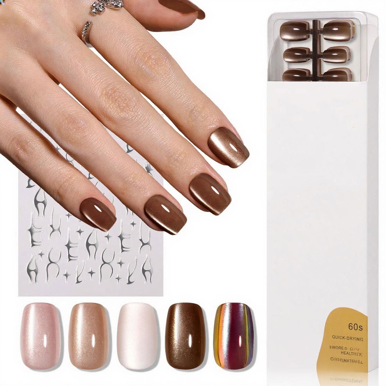 Brown Cat Eye Press on Nails Short Square,Glossy Glass Fake Nail Kit Neutral Nude Chocolate Brown False Nails Winter Fall Nails with Mirror Metallic Silver Nail Stickers,150pcs 15 Sizes