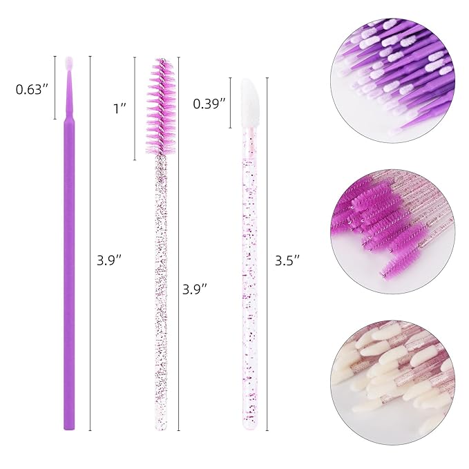 600 PCS Eyelash Extension Supplies Kit, 200 Spoolies Mascara Wands Disposable 200 Lip Brushes 200 Micro Swabs Purple Eyelash Brushes Makeup Applicator Tool