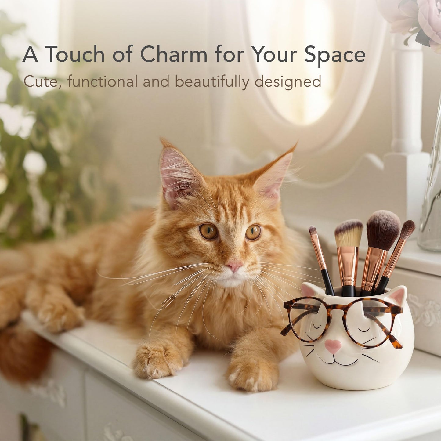 Luvberries White Cat Eyewear Holder, Multi-Purpose Accessories for Makeup and Stationery, Compact and Cute