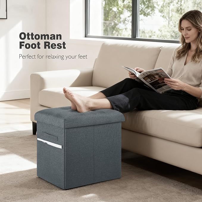 Storage Ottoman, Foot Rest Stool with Thicker Foam Padded Seat. 61L Slim Tall Foldable Linen Footstool Storage Bench Small Ottoman for Living Room, Bedroom. 350lbs Load Capacity, 17x13x17in, Dark Gray