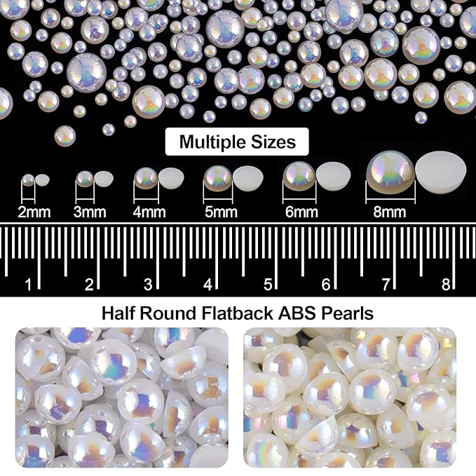 4000PCS Flatback Rhinestones and Half Round Pearls Kit #31, Multi Size Glass AB Crystals, Plastic Flat Back White AB & Beige AB Dome Bead with Pickup Pencil and Tweezer for Nail Art