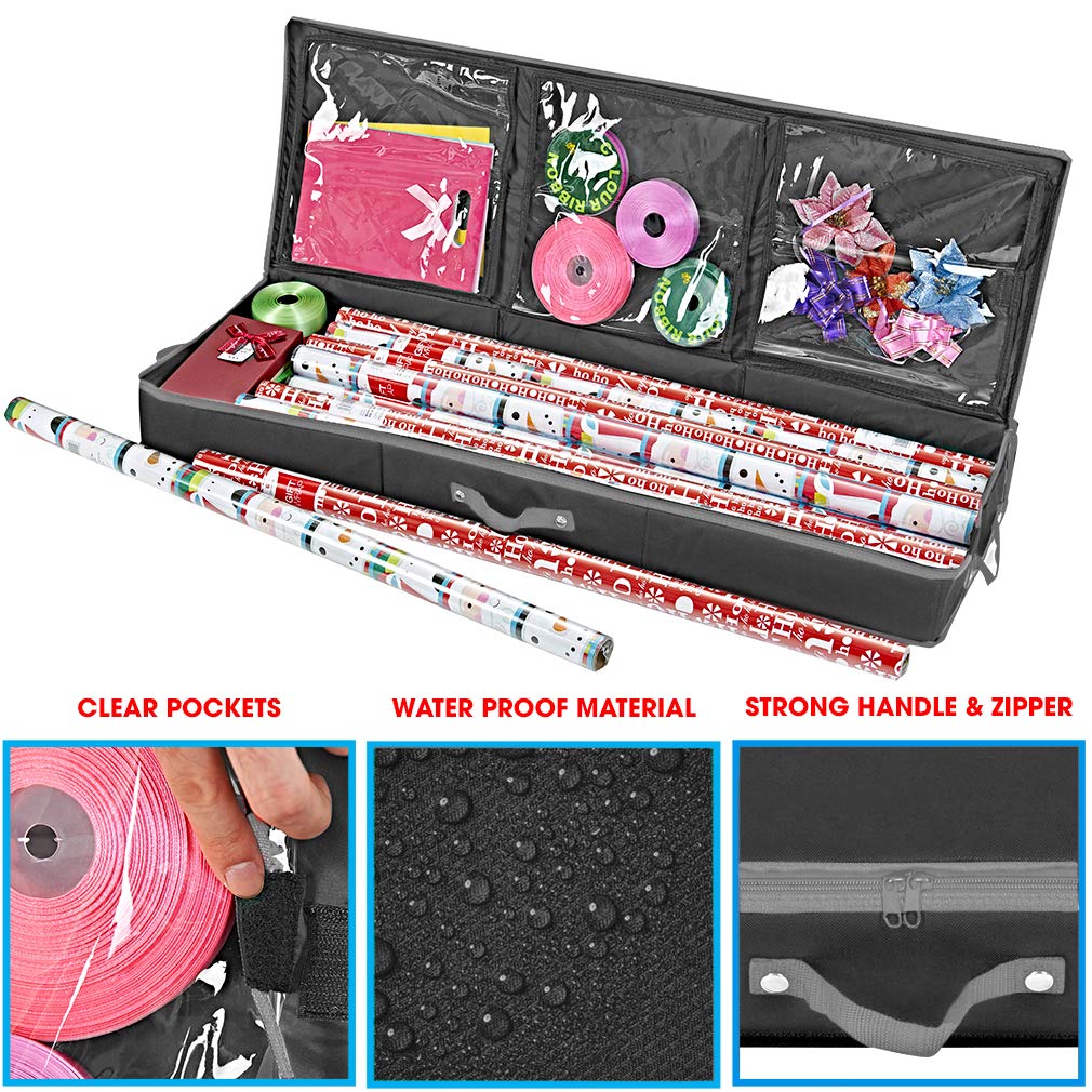 Primode Wrapping Paper Storage Container | Gift Wrap Organizer Under Bed | 41”x14”x6” | Box Holder for 18-24 Rolls Up to 40” | 600D Oxford Material | Pockets for Ribbon, Bows, and Accessories (Black)