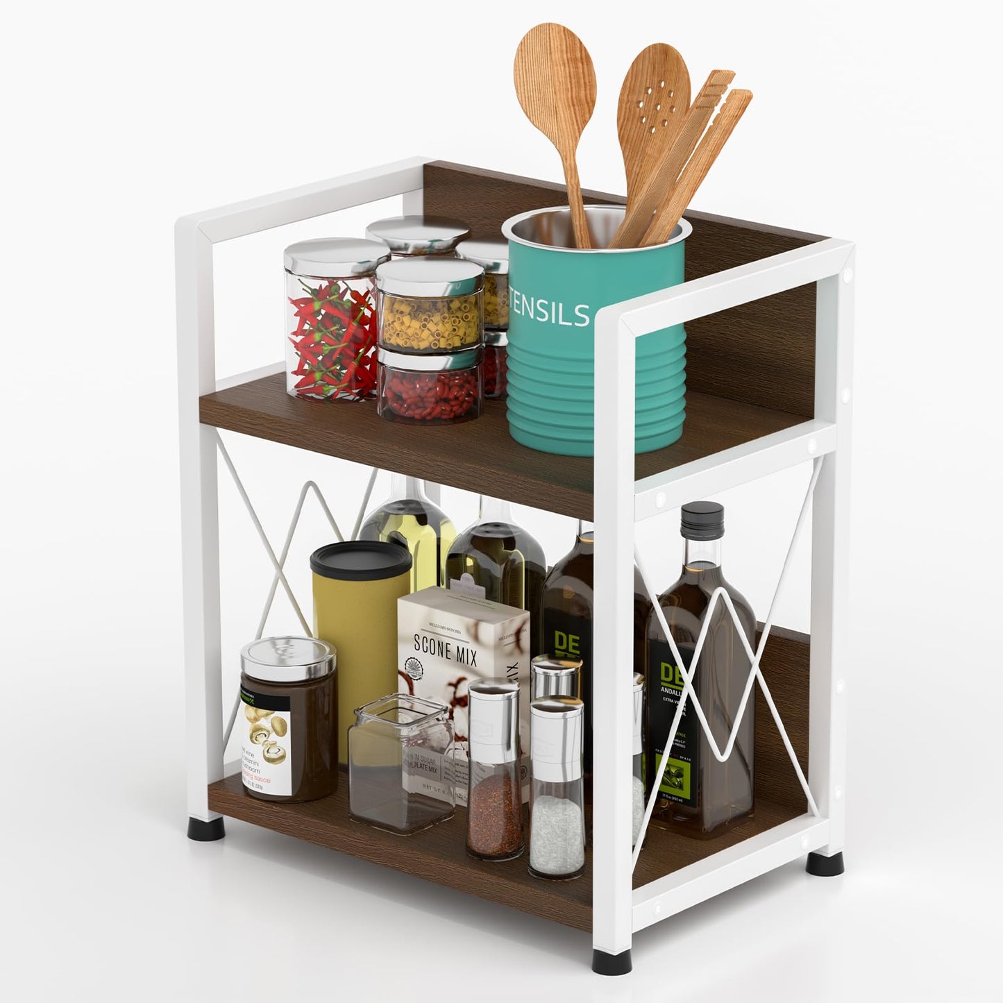 Aduanbang Coffee Bar Accessories Organizer, 2 Tier Wooden Kitchen Counter Shelf, Coffee Organizer Station for Countertop, Condiment Rack for Mugs, Cups, Cream, Syrup