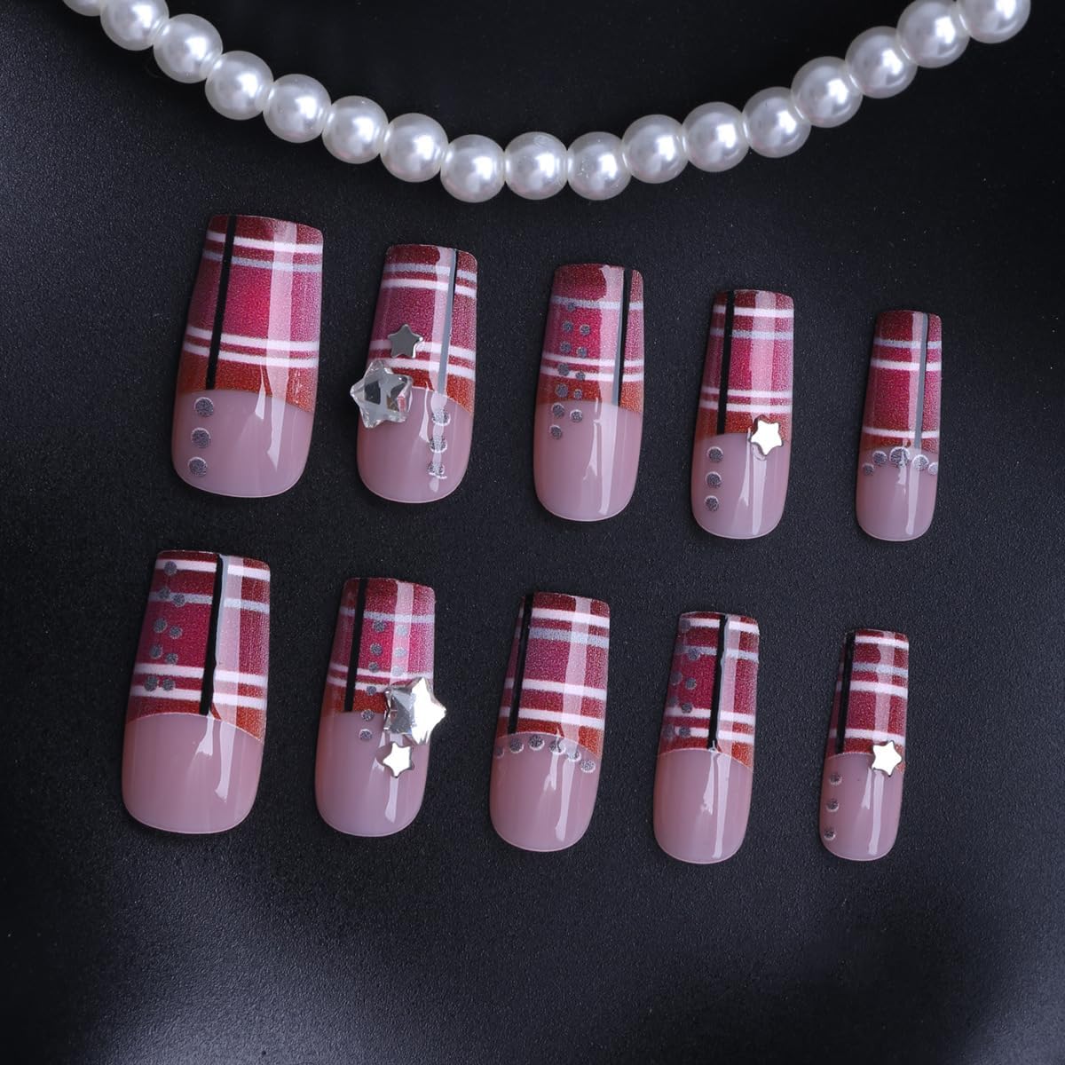 plalely Square Press on Nails Long Purple Fake Nail Acrylic Nail Press ons Stripes Stick on Nails for Women 24pcs