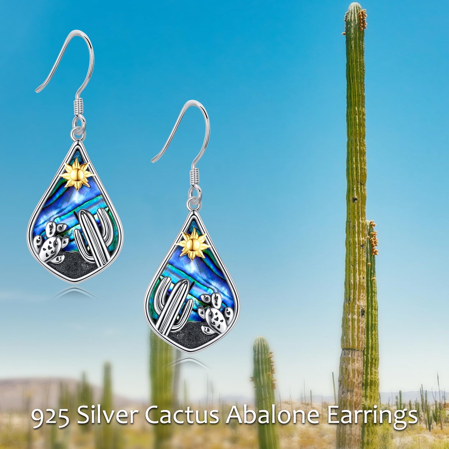 POPLYKE Cactus Earrings 925 Sterling Silver for Women Teardrop Abalone Plant Sun Earrings Cactus Jewelry