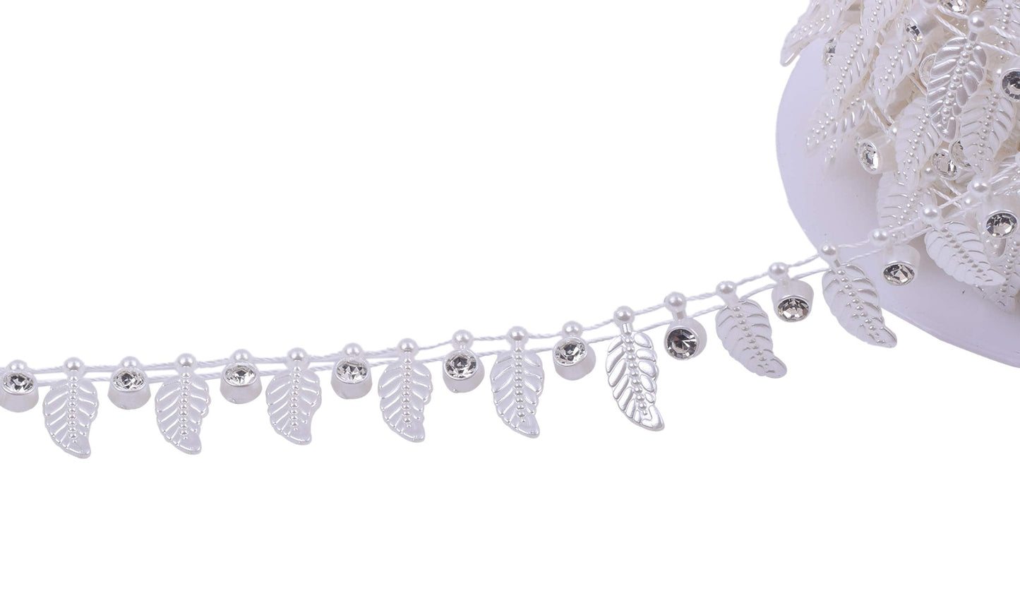 KAOYOO 10 Yards Rhinestone Beaded Chain Trim with Ivory Feather for Wedding Decoration,DIY,Craft, Sewing on Clothing