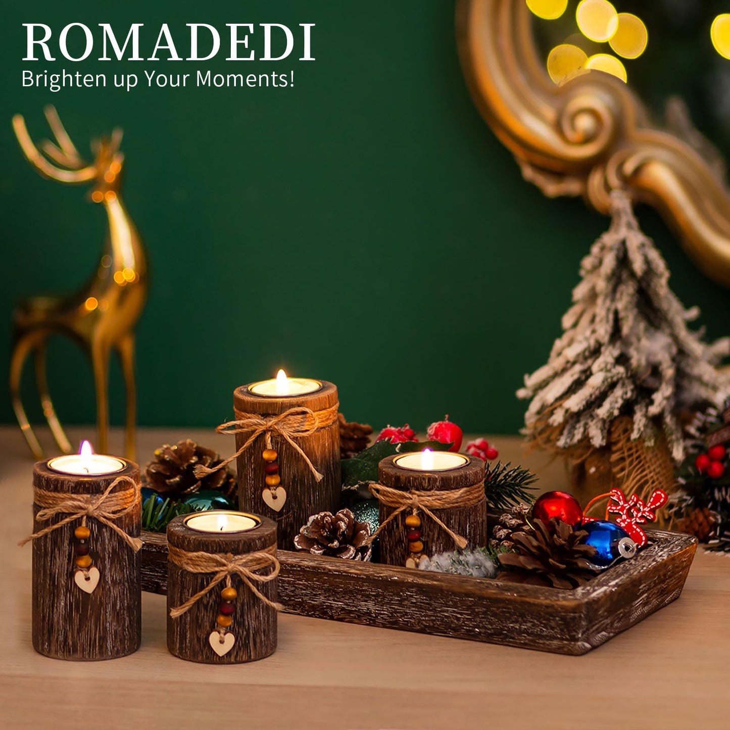 Farmhouse Coffee Table Decor Candle Holder - Romadedi Boho Wooden Tray with 4 Tealight Candles Holders for Tables Centerpiece Home Decorations Living Room Fireplace Kitchen