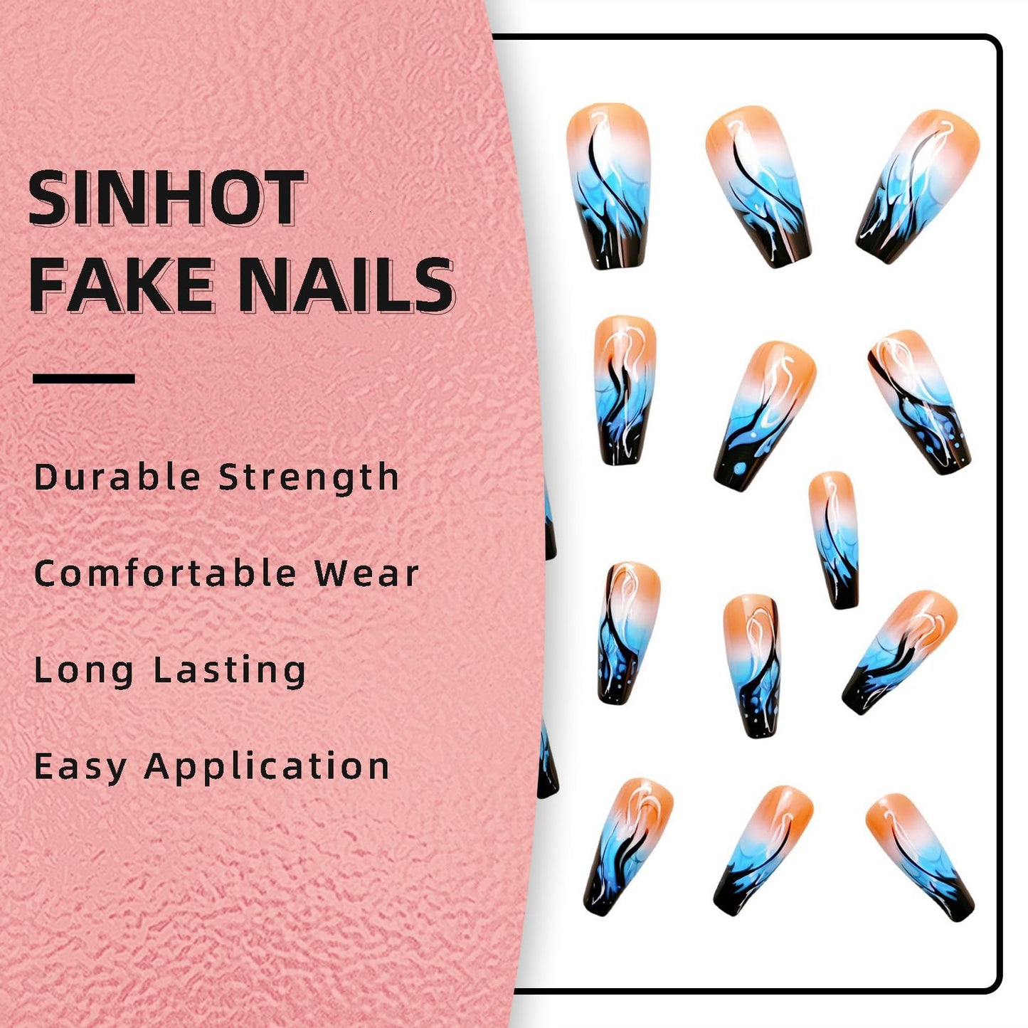 SINHOT Coffin Press on Nails - Long Fake Nails, Glossy Finish, Black Flame & Blue Gradient, DIY Artificial False Nail Art - 24 Pcs Nail Kit with Glue