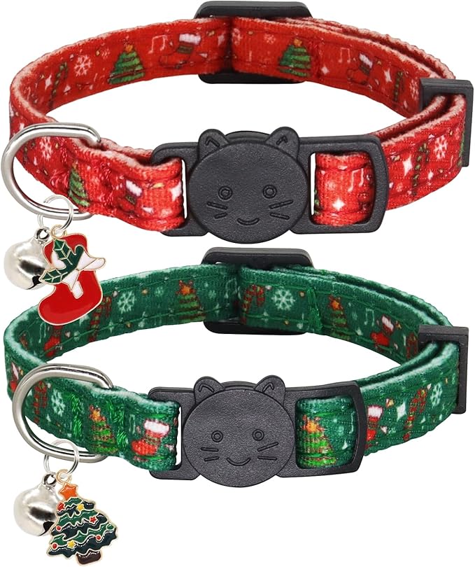 Giecooh Christmas Cat Collar, Cotton 2 Pack Cat Collar with Bells, Breakaway Collars for Girl Boy Kittens, Reindeer