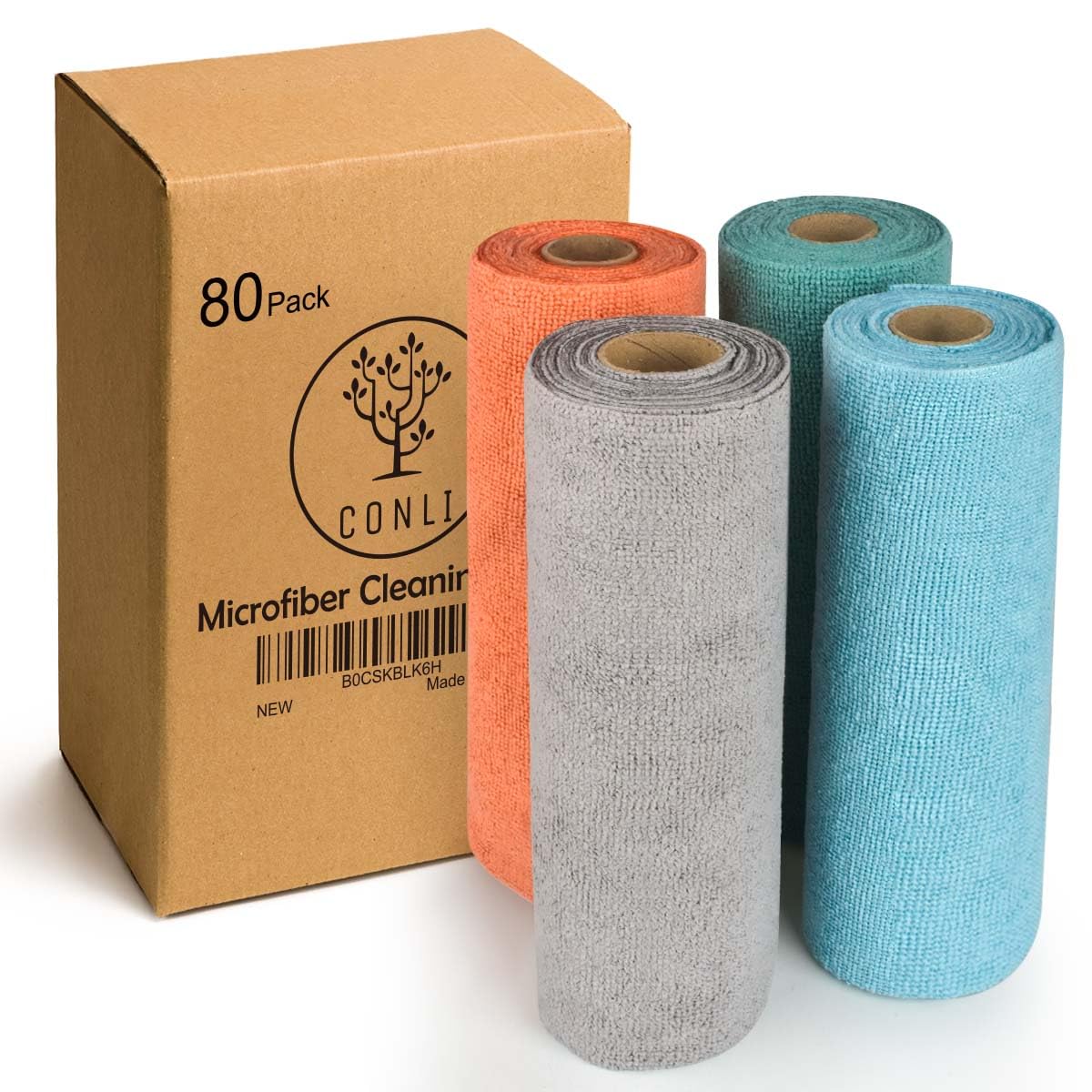 CONLI 4 Roll Microfiber Cleaning Cloth 80 Pack Reusable Microfiber Towels for Household Cleaning and Car Cleaning Easy Tear-Away and Lint Free