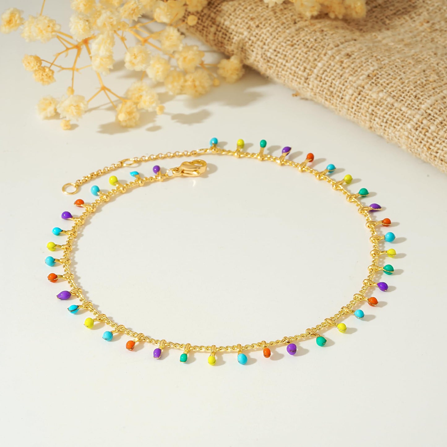 MTMY Gold Anklets for Women 14K Gold Plated Tiny Bead Colorful Tassel Foot Chain Dainty Adjustable Cute Summer Beach Boho Anklets Jewelry Gift for women