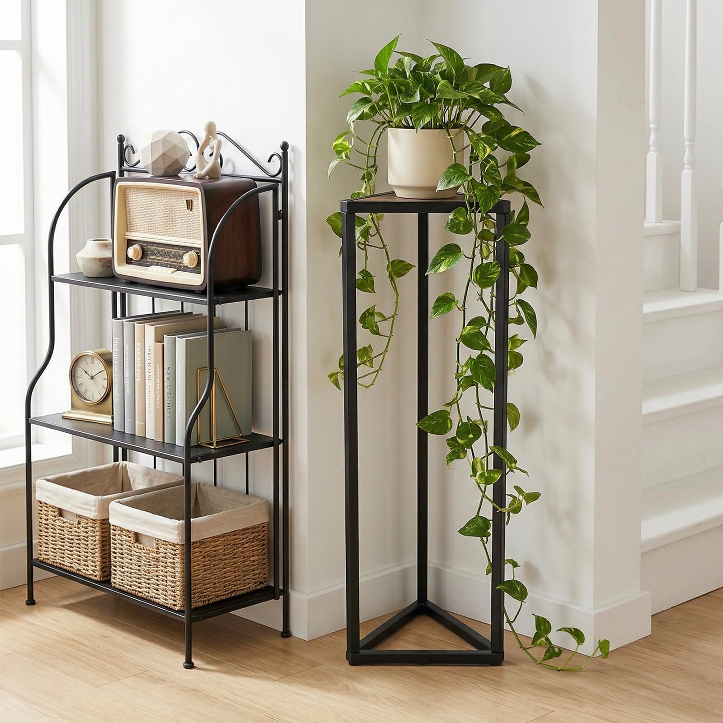 MyGift 36 Inch Tall Plant Stand Indoor - Modern Triangular Corner Plant Stand, Large Torched Wood and Black Metal Frame Plant Pot Pedestal Holder