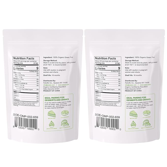 Soeos Organic Matcha Powder, Matcha Green Tea Powder, 2 oz (2 Pack), Total 4 oz, Antioxidant-Rich Japanese Matcha for Lattes, Smoothies and Baking, Recyclable Bags