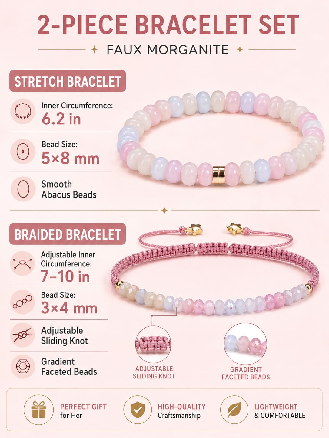 CrystalTears Morganite Beaded Bracelets for Women, 2pcs Stackable Boho Crystal Gemstone Bracelets Set with Stretch Bracelet and Adjustable Braided Bracelet Summer Beach Jewelry Gifts for Women Her