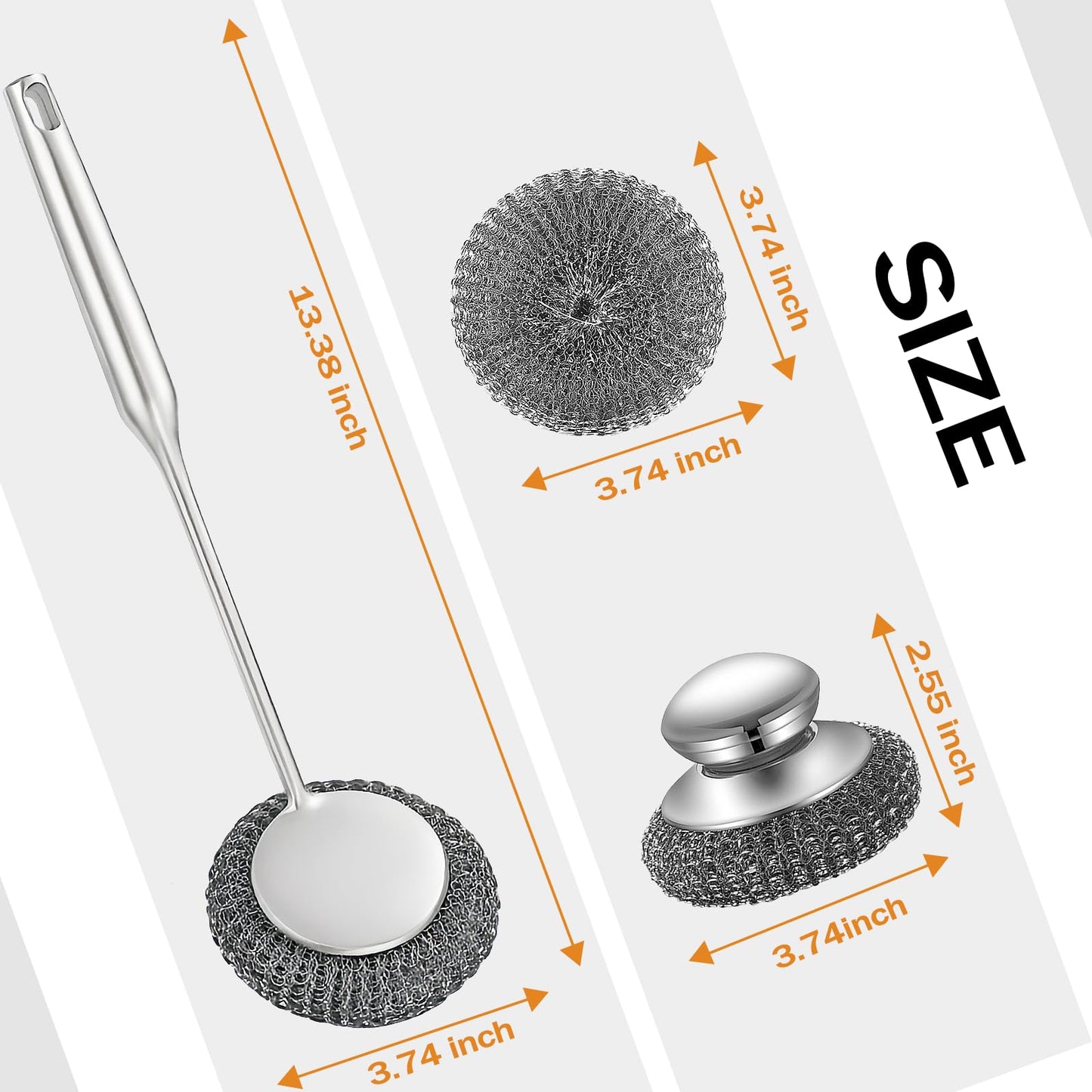 Heavy Duty Stainless Steel Scrubber Set - Long & Short Handle with 5 Steel Wool Pads, Cast Iron & Pot Scrubber for Dishes, Pans, Grills, Stoves