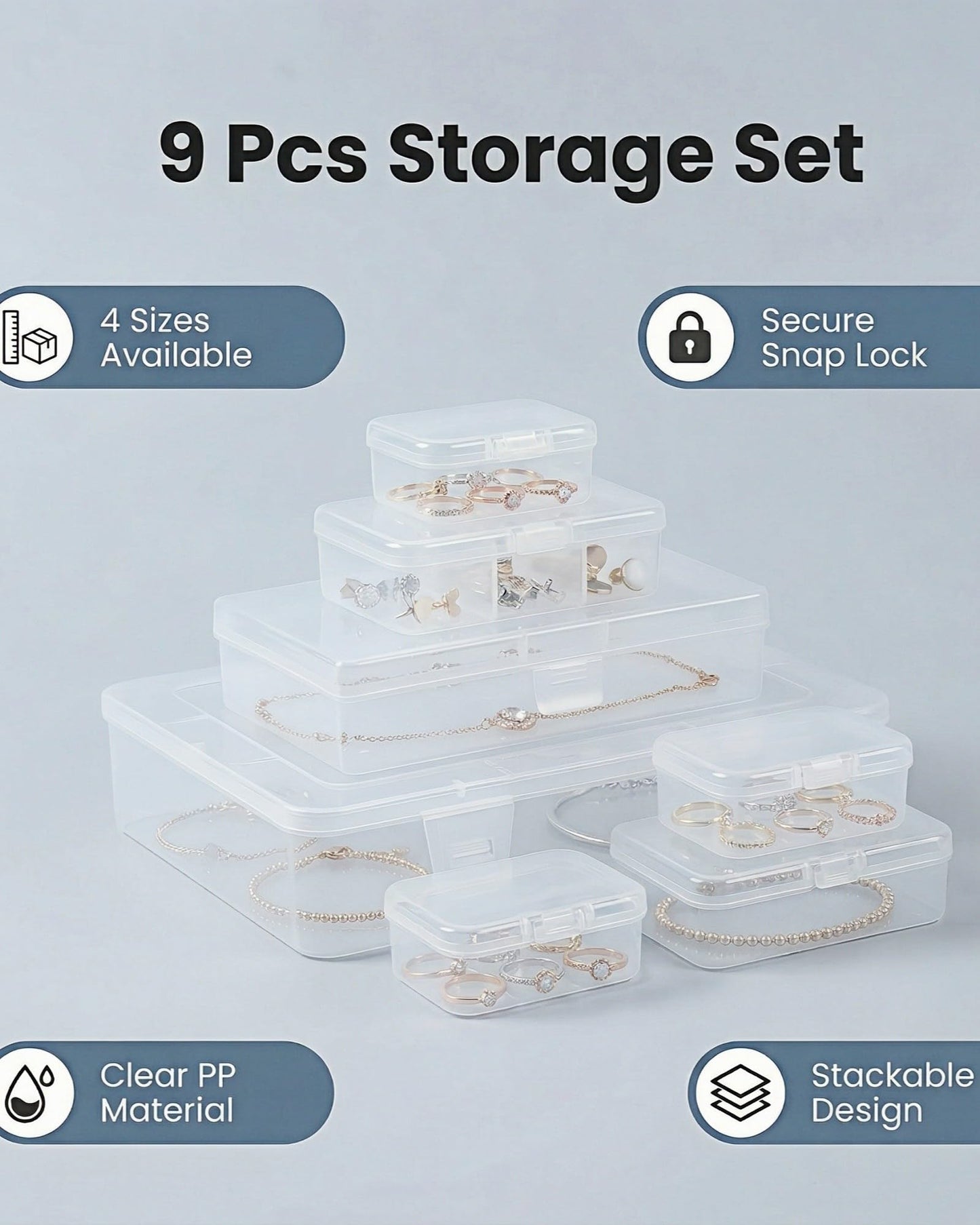 CHSZCHOMER 9 Pack Clear Plastic Storage Boxes with Snap-Lock Lids, Assorted Sizes Mini Organizer Containers with Bonus Marking Labels for DIY Crafts, Beads,Charms,Stickers, SMT Components,Hardware