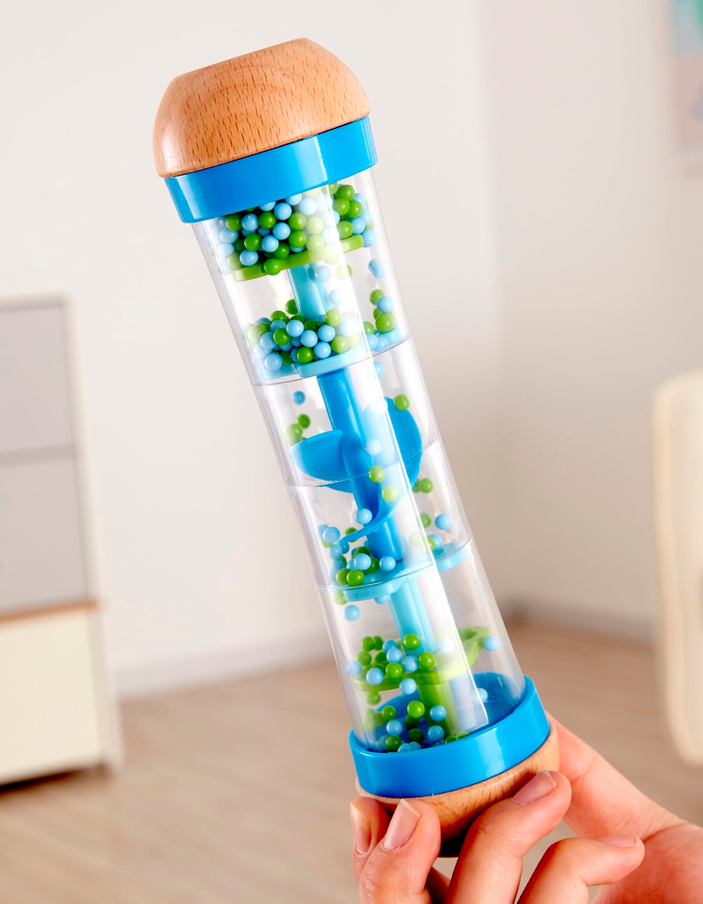 Hape Beaded Raindrops | Mini Wooden Musical Shake & Rattle Rainmaker Toy, Blue, Model Number: E0328B