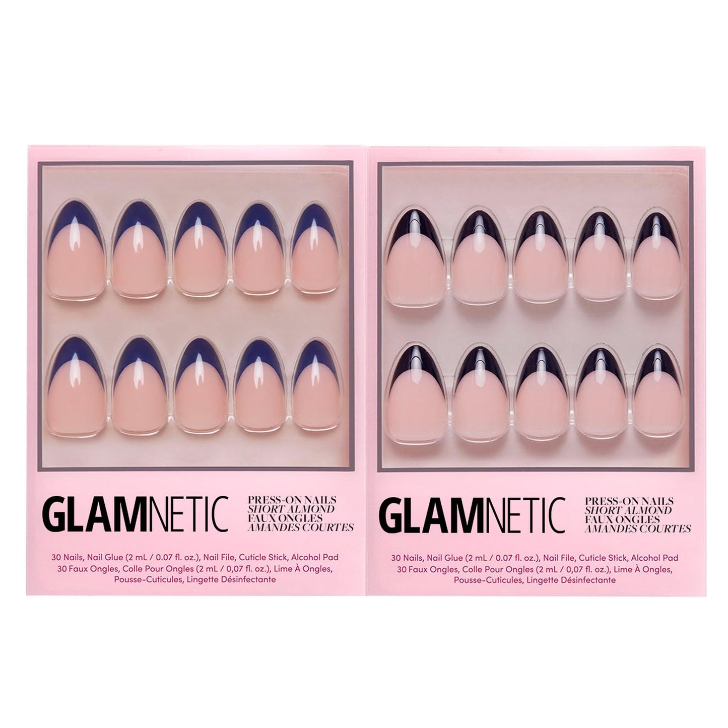 Glamnetic Press-On Nails Bundle - French Riviera & Caviar | Semi-Transparent Navy Blue Tip Short Almond Fake Nails | Short Almond Black Tip False Nails | Reusable, Salon-Quality Nail Kit