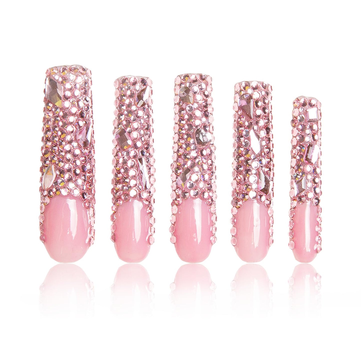 LOVFUL Press on Nails Pink French Tip Rhinestone | Handmade with Full Covered Crystals | Reusable Fake Nails | Square Long 2.2 in | H27-S
