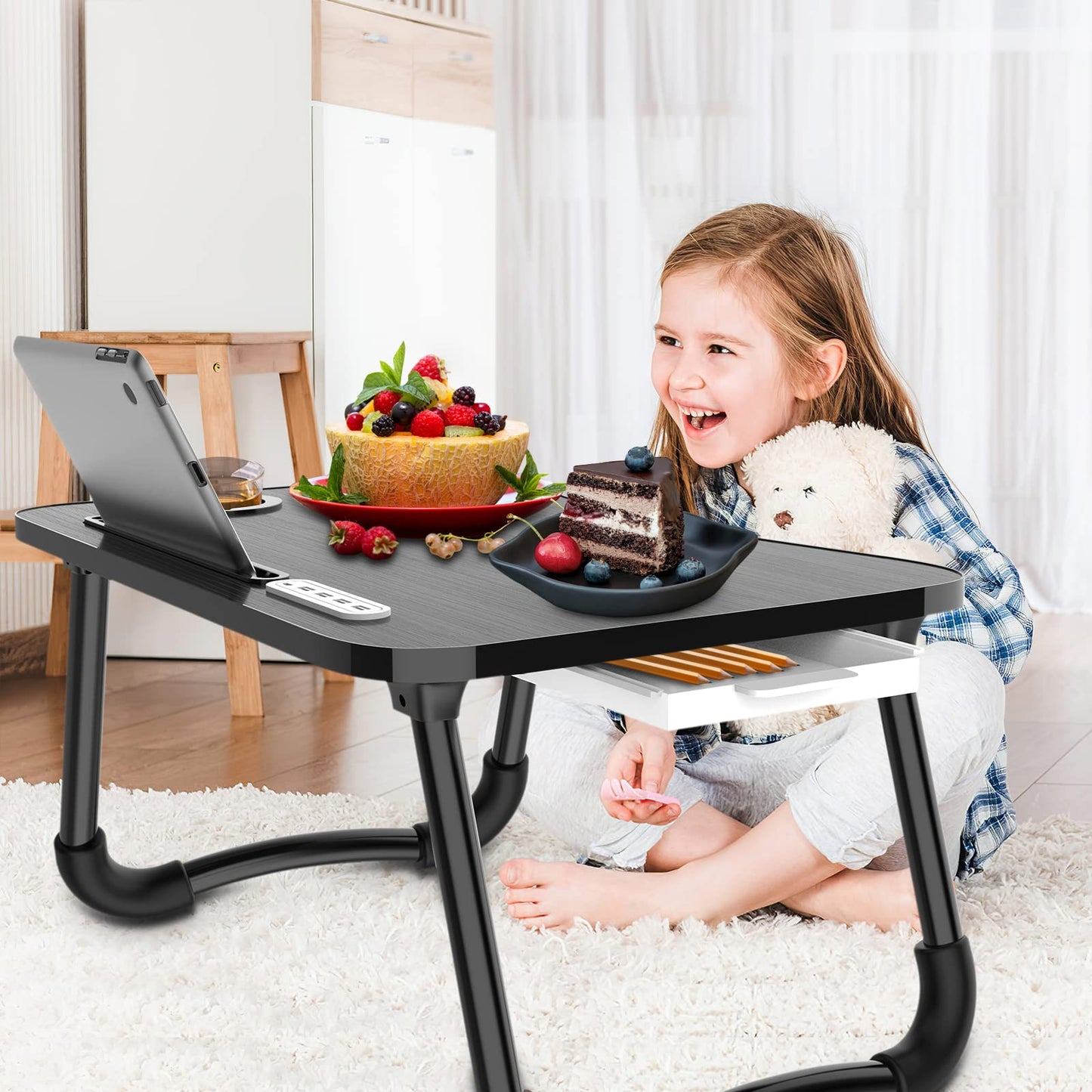 Zapuno Laptop Lap Desk, Foldable Laptop Table Tray with 4 USB Ports Storage Drawer and Cup Holder, Lap Bed Desk Notebook Stand Laptray Portable Standing Table for Bed Couch Floor