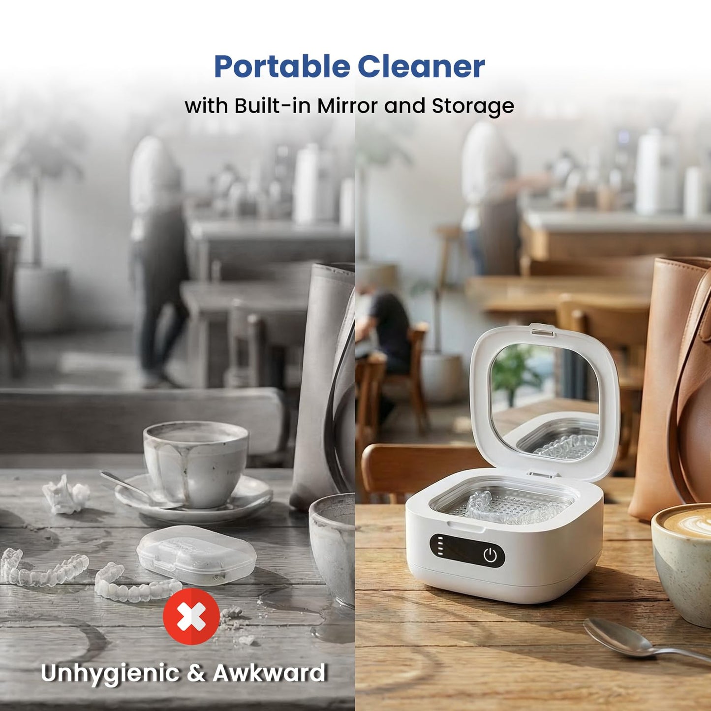 ELFOIS Portable Ultrasonic Retainer Cleaner with UV - Cordless Rechargeable Cleaner Machine for Invisalign, Aligners, Night Guards, Dentures | Travel-Ready with Built-in Mirror