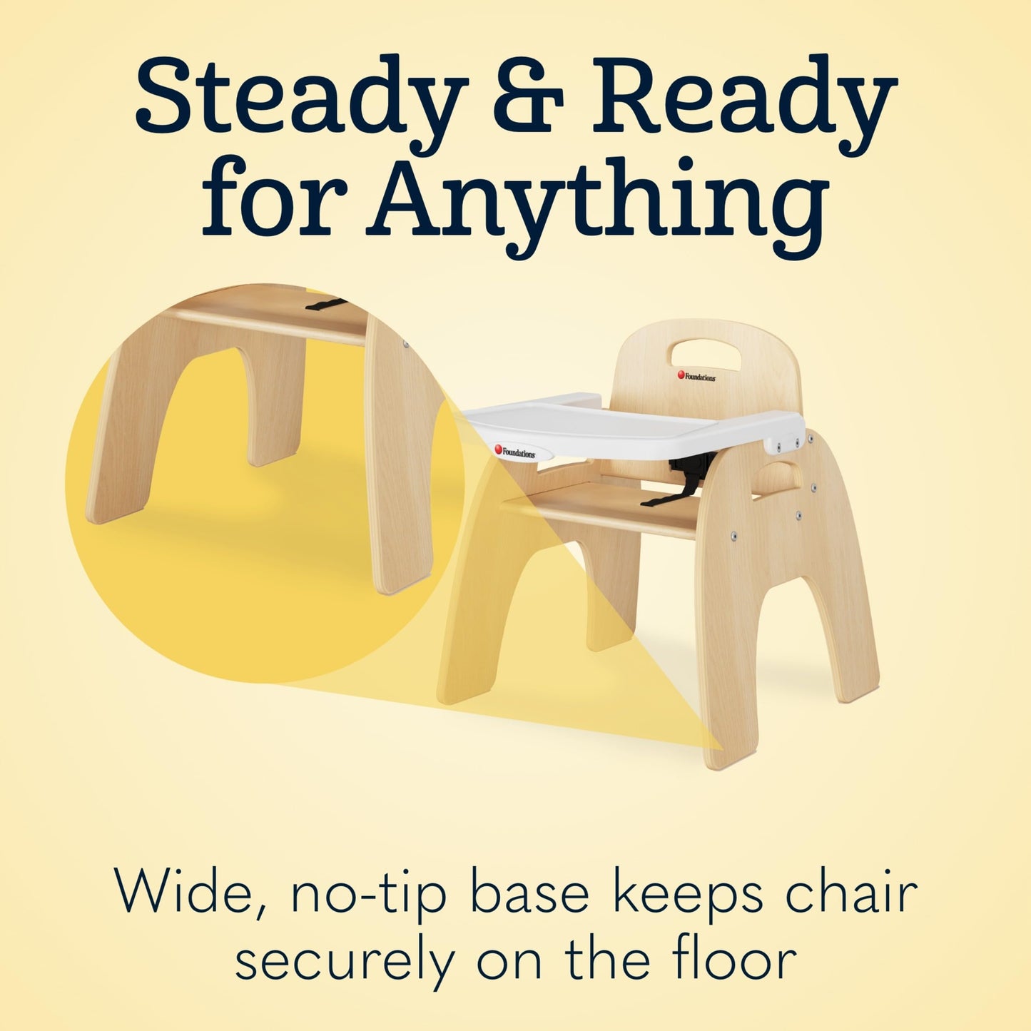 Foundations Easy Serve Low Wood Feeding Chairs Multipack, Adjustable Harness, Removable Dishwasher Safe Tray, No-Tip Base, Stackable Toddler Chairs, 2 Pack, 13 inch