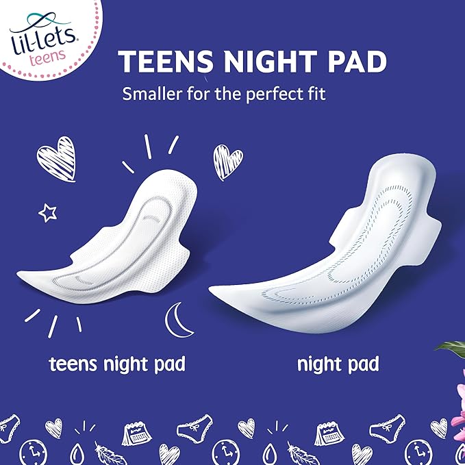 Lil-Lets Teens Night Pads with Wings - 50 Count Period Pads - Thin, Super Absorbent Sanitary Napkins, Soft & Breathable, Fragrance Free - First Periods, Heavy Flow Nights