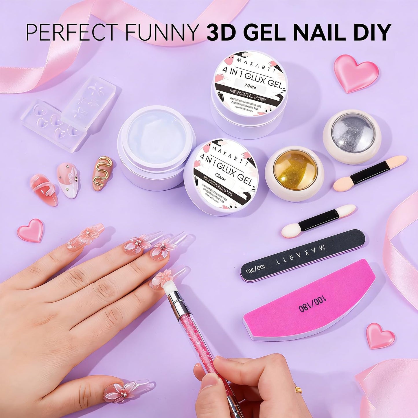 Makartt 3D Gel Nail Art for Nails Starter Kit: Clear and White 3D Sculpting Gel Non-Sticky Molding Carving Glue Extension Builder DIY Manicure Gold & Silver Chrome Powder Solid Soak Off Hard Gels