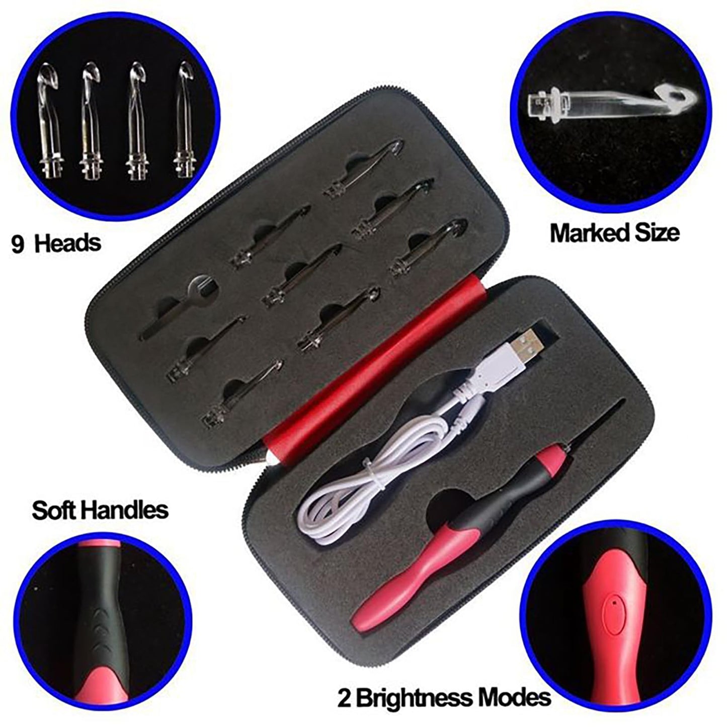 Light Up Crochet Hook Set, 9 Sizes 2.5mm-6.5mm Interchangeable Crochet Hooks with Light, Rechargeable Ergonomic Crochet Kit for Beginners & Adults, DIY Craft Supplies
