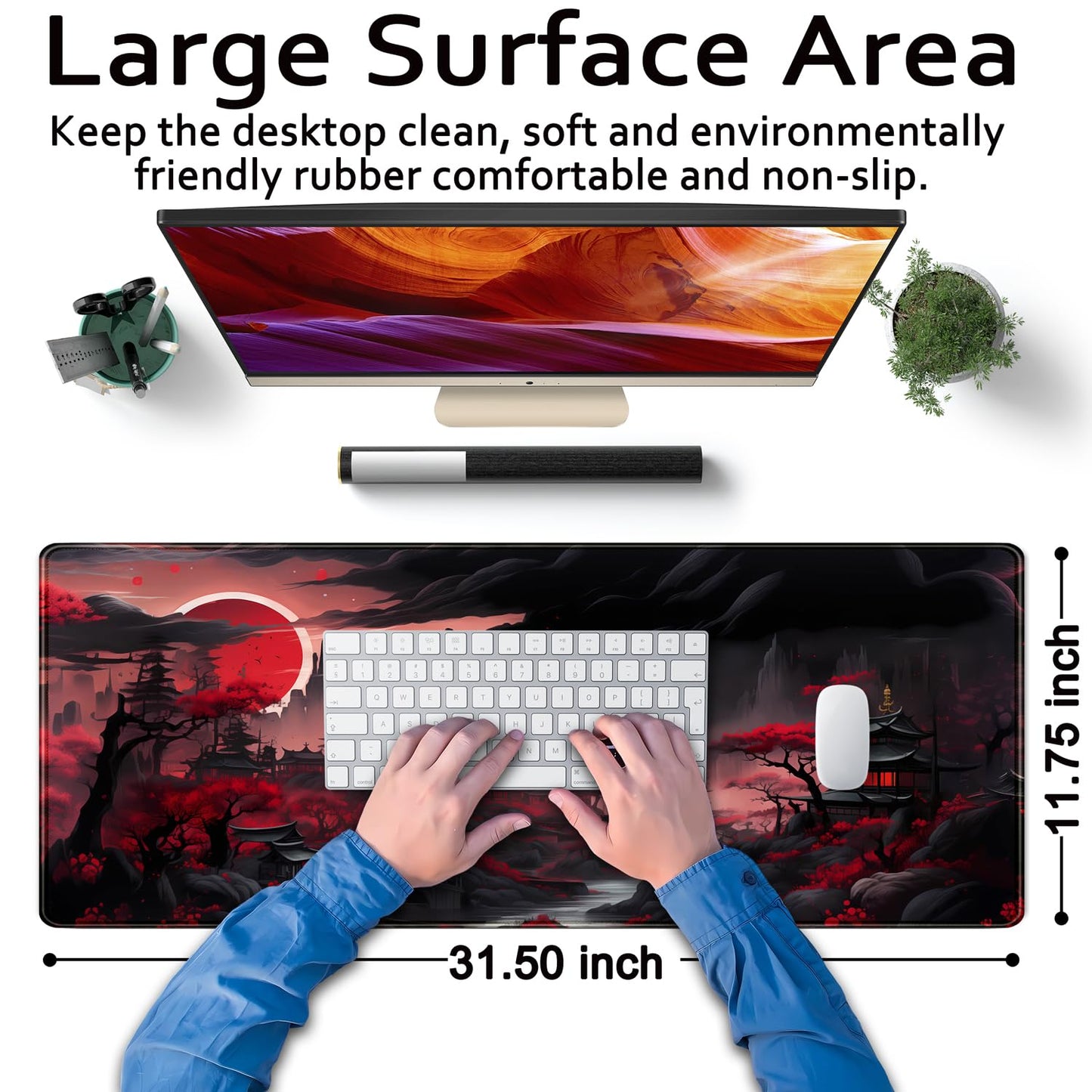 Riverside Full Moon Desk Pad Black Red Desk Mat Japanese Anime Extended XXL Keyboard Pad for Desk Gaming Computer Laptop Office Mouse Pad with Stitched Edges Non-Slip Large Computer Mat 31.5x11.8 in