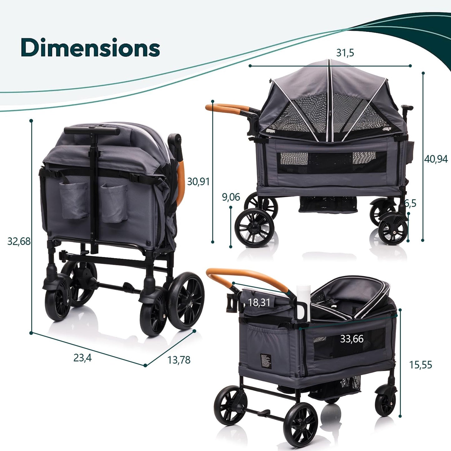 Luxury Wagon Stroller for 2 Kids & Cargo-Lightweight Foldable Travel Push Pull All-Terrain Double Wagon for Newborn&Toddler with 5-Point Harness,Adjustable Handle, Canopy,Tray Table,Cup Holder